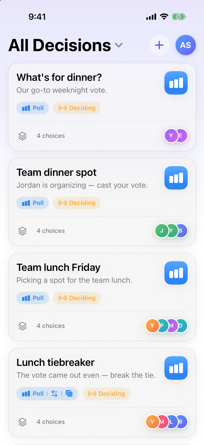 The Indecisio home screen listing decisions with a filter, each showing its voting method and status.